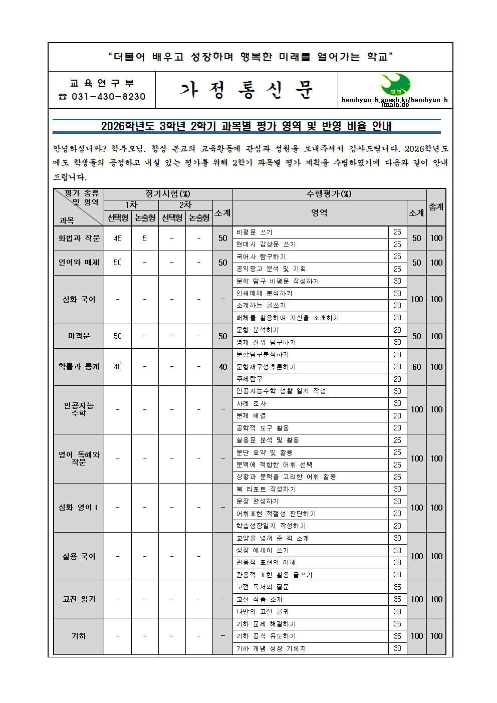 [가정통신문]2026학년도 3학년 2학기 과목별 평가 영역 및 반영 비율 안내001