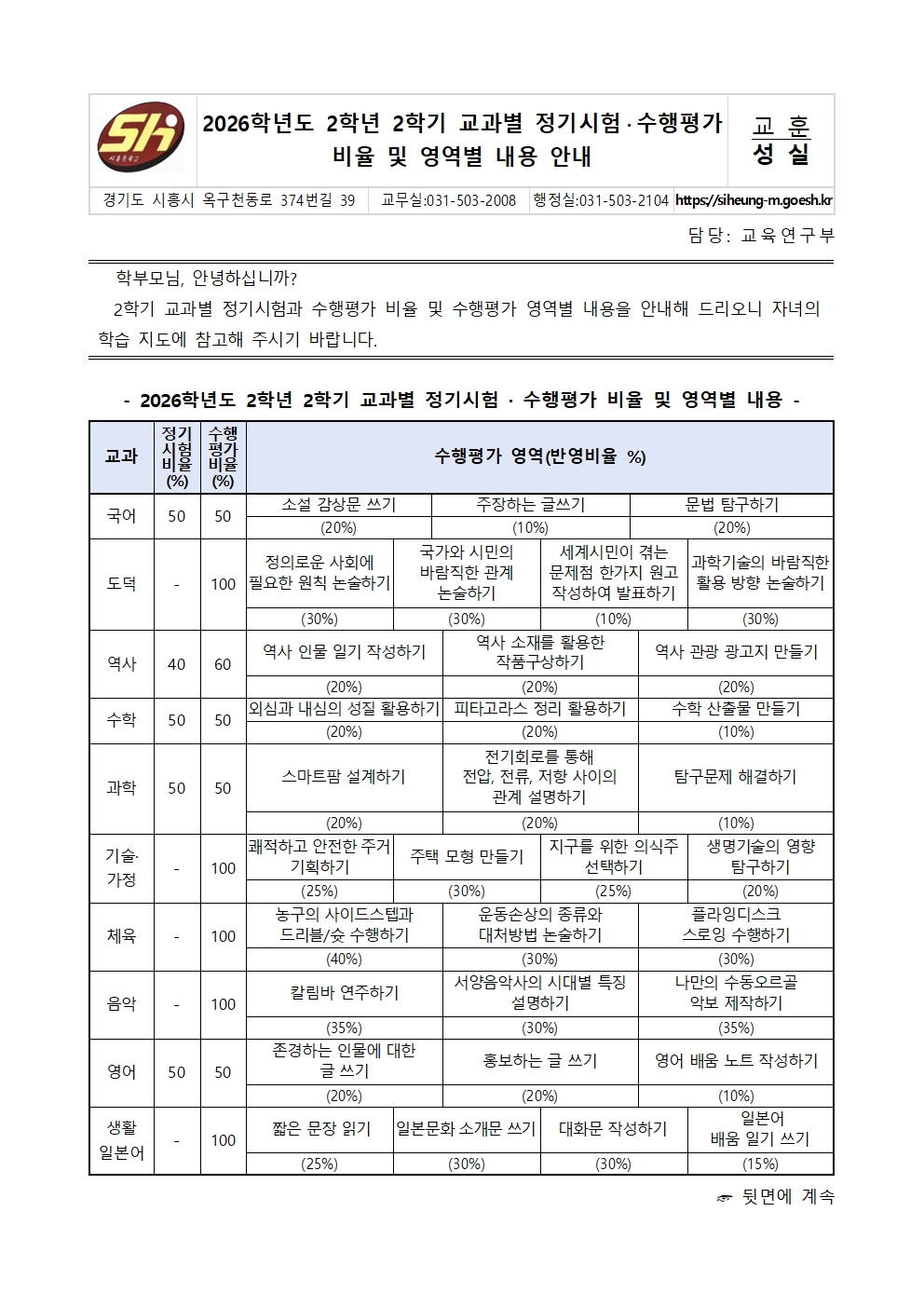 2026학년도 2학기 교과별 평가 가정통신문(2학년)001