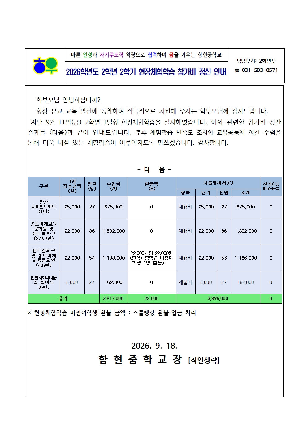 가정통신문(0918)_2026학년도 2학년 2학기 현장체험학습 참가비 정산 안내001